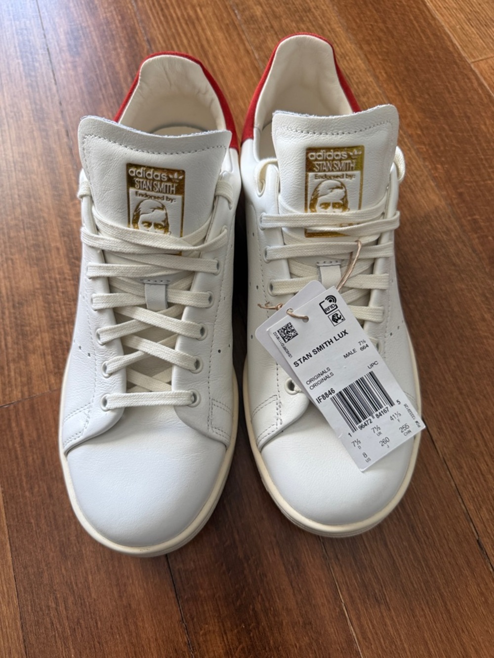 adidas White Leather Stan Smith Sneakers with Red Heel Tab Sz 8